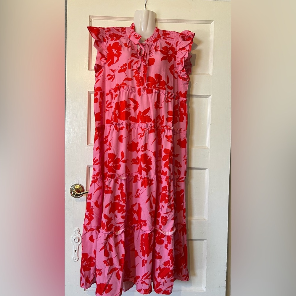 Umgee Pink Maxi Dress with Red Floral Print